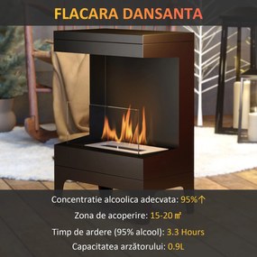 HOMCOM Șemineu pe Bioetanol cu Arzător 0,9L pentru Durată 3,3 Ore, Bioșemineu din Oțel și Sticlă, 38x22x54 cm, Negru | Aosom Romania