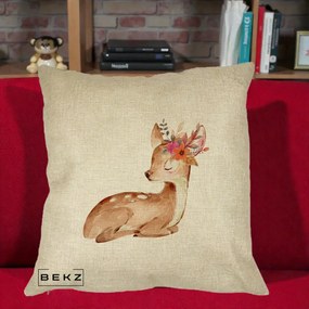 Perna Decorativa Caprioara cu Flori in Coama, 40x40 cm, Crem, Husa Detasabila, Perna Inclusa, BEKZ®