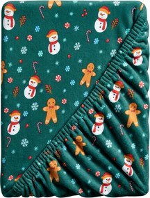 Cearsaf Cocolino microplus cu elastic SNOWMAN AND GINGERBREAD 90x200 cm verde