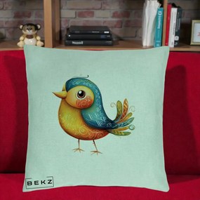 Perna Decorativa Pasare Folk Art Portocalie-Teal, 40x40 cm, Verde Menta, Husa Detasabila, Perna Inclusa, BEKZ®