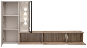 Living mobila sufragerie moderna, casmir bej  stejar viking, 240 cm lungime, vitrina sticla cu led, usi deschidere push open, suspendata, canturi abs