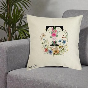 Cadou Personalizat - Perna Personalizata Monogram Litera T cu Flori Acuarela, 40x40 cm, Ecru, Husa Detasabila, Perna Inclusa, BEKZ®
