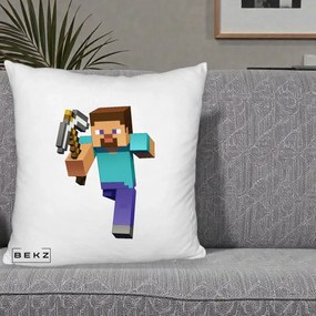 Perna Personalizata Minecraft Steve, 40x40 cm, Alb Pufos, Husa Detasabila, Perna Inclusa, BEKZ®