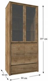 Vitrină cu un sertar şi uşi împărţite pline şi cu sticlă, stejar lefkas închis, MONTANA W2D