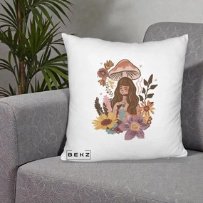 Perna Decorativa Fata Ciuperca Boho Florala, 40x40 cm, Alb Pufos, Husa Detasabila, Perna Inclusa, BEKZ®