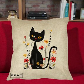 Perna Decorativa Pisica Neagra Ochi Galbeni Flori, 40x40 cm, Crem, Husa Detasabila, Perna Inclusa, BEKZ®