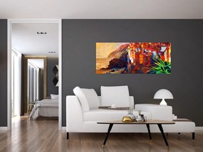 Tablou - Satul de coastă Cinque Terre, Riviera italiană, impresionismul modern (120x50 cm)