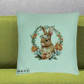 Perna Decorativa Iepuras Floral Coronita Acuarela, 40x40 cm, Verde Menta, Husa Detasabila, Perna Inclusa, BEKZ®