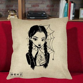Perna Personalizata Wednesday cu Panza de Paianjen, 40x40 cm, Crem, Husa Detasabila, Perna Inclusa, BEKZ®