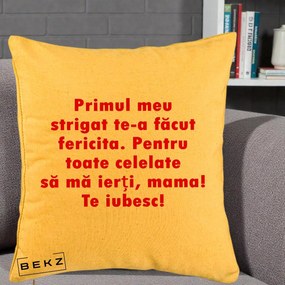 Cadou pentru Mama - Perna Personalizata Primul Strigat Mama, 40x40 cm, Galben, Husa Detasabila, Perna Inclusa, BEKZ®