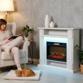 HOMCOM Șemineu Electric 1800W Reglabil cu Flacără 3D, Raft, Timer și Telecomandă, 105x27x97 cm, culoare Lemn | Aosom Romania