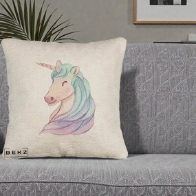 Perna Decorativa Unicorn Acuarela Pastel, 40x40 cm, Bej Canapea, Husa Detasabila, Perna Inclusa, BEKZ®