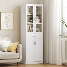 HOMCOM Dulap de Bucătărie Înalt 180 cm cu Uși din Sticlă Soft-Close, Sertar și 2 Dulapuri, Polițe Reglabile, Alb | Aosom Romania