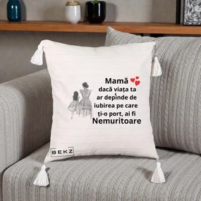Cadou pentru Mama - Perna Personalizata Mama Nemuritoare Line Art, 40x40 cm, Bej cu Franjuri, Husa Detasabila, Perna Inclusa, BEKZ®