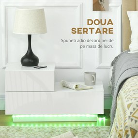 Noptieră LED Modernă HOMCOM | 16 Culori RGB cu Telecomandă | 2 Sertare | PAL | 70x37x38 cm | Alb | Aosom Romania