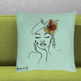 Perna Decorativa Portret Feminin Flori Palarie, 40x40 cm, Verde Menta, Husa Detasabila, Perna Inclusa, BEKZ®