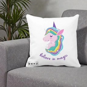 Perna Decorativa Unicorn Believe in Magic, 40x40 cm, Alba Mata, Husa Detasabila, Perna Inclusa, BEKZ®
