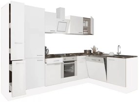 Mobilă de bucătărie de colț Yorki 310, corp alb, față alb satinat cu element inferior cuptor, dulap cu raft