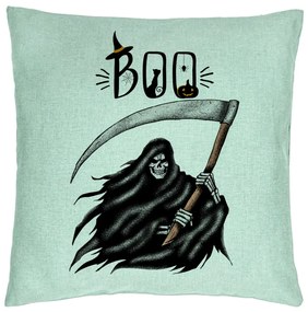 Perna Decorativa cu motiv The Grim Reaper, de Halloween, 40x40 cm, Verde Menta, Husa Detasabila, Burduf