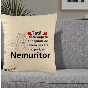 Cadou pentru Tata - Perna Personalizata Tata Nemuritor Baietel, 40x40 cm, Bej, Husa Detasabila, Perna Inclusa, BEKZ®