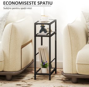 HOMCOM Măsuță de Cafea cu 3 Rafturi din Sticlă și Oțel 40x18x62 cm Negru | Aosom Romania
