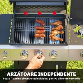 Outsunny Grătar pe Gaz, 3 Arzătoare, Arzător Lateral, Grătare din Fontă, Rafturi Laterale Incluse. | Aosom Romania