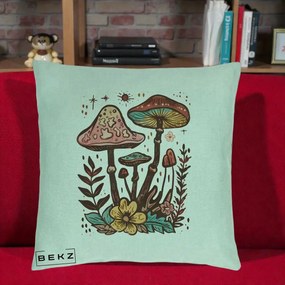 Perna Decorativa Ciuperci Boho Multicolore, 40x40 cm, Verde Menta, Husa Detasabila, Perna Inclusa, BEKZ®