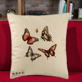 Perna Decorativa Colectie Fluturi Multicolori, 40x40 cm, Bej, Husa Detasabila, Perna Inclusa, BEKZ®