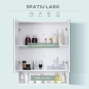 Kleankin Dulap Baie cu Oglindă Dreptunghiulară, Raft Reglabil pe 3 Nivele, Balamale Amortizare, MDF/Sticlă, 60x15x75cm, Alb | Aosom Romania