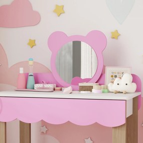 AIYAPLAY Set Masuta Cosmetica cu Scaunel pentru Copii, Oglinda de Machiaj, Forma Ursulet, Sertar, MDF, Roz | Aosom Romania