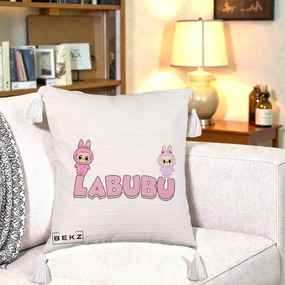 Perna Personalizata Labubu Duo Roz-Lila cu Text, 40x40 cm, Bej cu Franjuri, Husa Detasabila, Perna Inclusa, BEKZ®