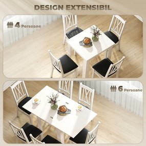 HOMCOM Masă de Dining Extensibilă pentru 4-6 Persoane din PAL și Oțel, 140 x 80 x 77,5 cm, Alb cu Efect de Lemn | Aosom Romania