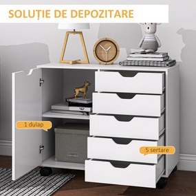 HOMCOM Dulap Lateral cu 5 Sertare, Dulap cu Raft Reglabil, Mobilier pentru Birou pe Roți, Suport pentru Imprimantă pentru Biroul de Acasă, Alb | Aosom Romania