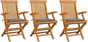 vidaXL Scaune de grădină cu perne gri, 3 buc., lemn masiv de tec