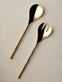 Set 2 ustensile servire salata, din otel, cu manere din alama, Bamboo