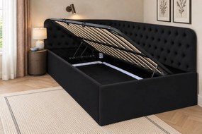 Pat tapițat pentru copii din catifea Elyra 140×200 cm, negru, colț dreapta, cu ladă de depozitare