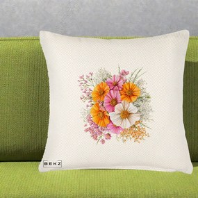 Perna Decorativa Buchet Cosmos Portocaliu Roz si Alb, 40x40 cm, Crem Reliefat, Husa Detasabila, Perna Inclusa, BEKZ®