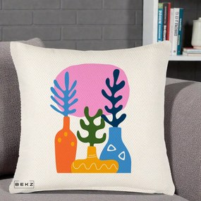 Perna Decorativa Vaze Botanice Abstract, 40x40 cm, Crem Reliefat, Husa Detasabila, Perna Inclusa, BEKZ®