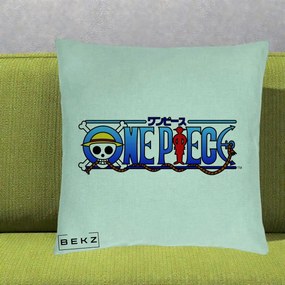Perna Personalizata One Piece Clasic Albastru, 40x40 cm, Verde Menta, Husa Detasabila, Perna Inclusa, BEKZ®
