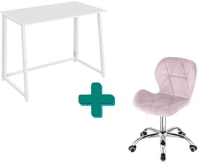 Set pentru birou – birou pliabil ZARIMO 80×40 cm, alb + scaun de birou AVOLA VELVET roz
