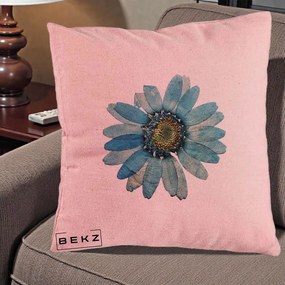 Perna Decorativa Floare Margareta Albastra Acuarela, 40x40 cm, Roz, Husa Detasabila, Perna Inclusa, BEKZ®