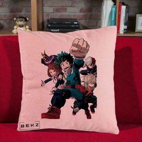 Perna Personalizata My Hero Academia Izuku Deku si Echipa, 40x40 cm, Roz, Husa Detasabila, Perna Inclusa, BEKZ®