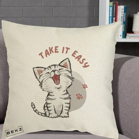 Perna Personalizata Take It Easy Cat, 40x40 cm, Ecru, Husa Detasabila, Perna Inclusa, BEKZ®