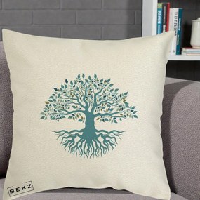 Perna Decorativa Copacul Vietii Teal cu Radacini, 40x40 cm, Ecru, Husa Detasabila, Perna Inclusa, BEKZ®