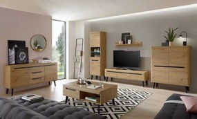 Set living ~Dolomites~ format din 4 piese, fronturile MDF, culoare stejar, picioare negre, 340 cm lungime