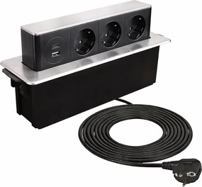 Priza incorporabila in blat Hop Box Design Light, 3 prize Schuko, USB A + C, otel inoxidabil periat   negru, 273 x 93 mm Metal Plastic, Otel