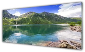 Tablou pe sticla Mountain Lake Peisaj Gri Verde Albastru