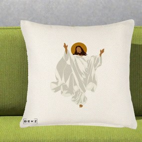Perna Decorativa Iisus Hristos Invierea Silueta Minimalista, 40x40 cm, Crem Reliefat, Husa Detasabila, Perna Inclusa, BEKZ®