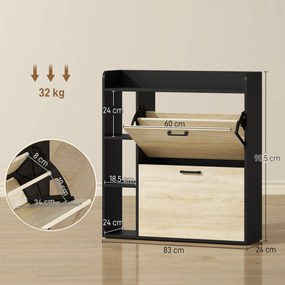 HOMCOM Dulap pentru pantofi slim cu 2 sertare și 3 compartimente deschise, Capacitate 15 perechi, 83x24x90.5 cm, Negru | Aosom Romania