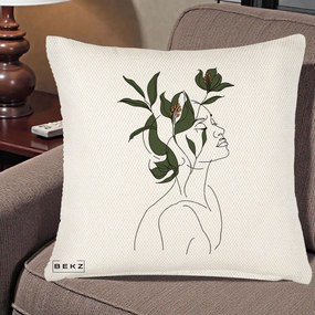 Perna Decorativa Portret Feminin Crin Verde, 40x40 cm, Crem Reliefat, Husa Detasabila, Perna Inclusa, BEKZ®